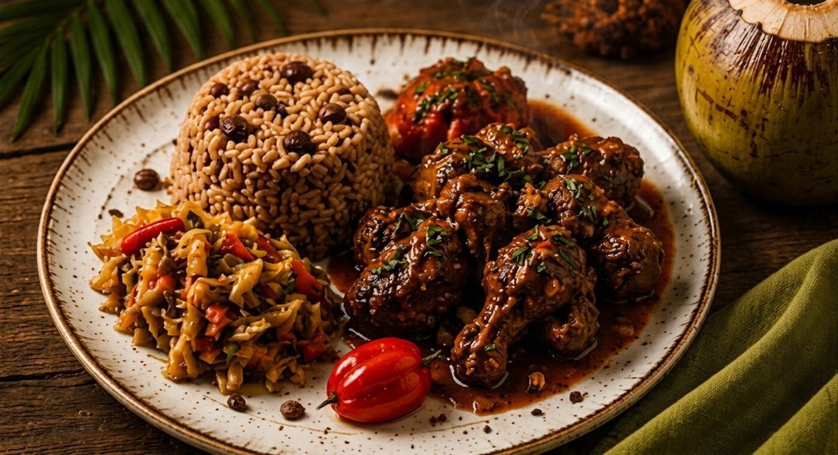 Caribbean stewed chicken with rice and peas, cabbage and pepper